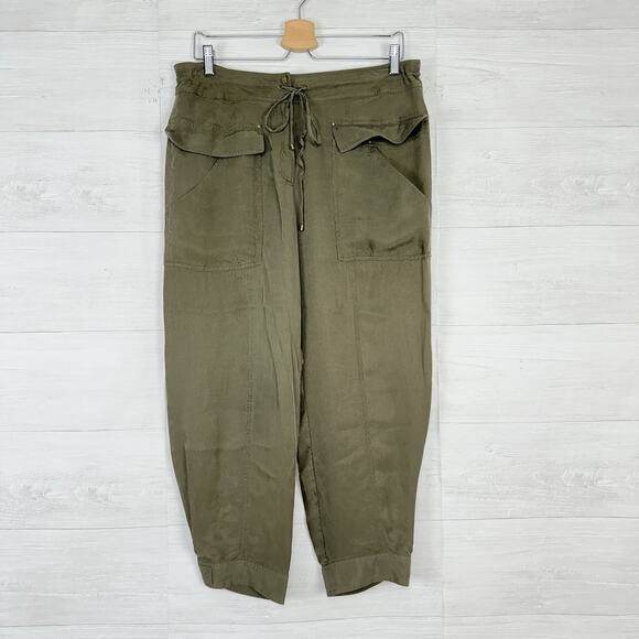 Diane Von Furstenberg Crop Cargo Pants Women Size 10 Cupro Drawstring Army Green - Picture 1 of 14